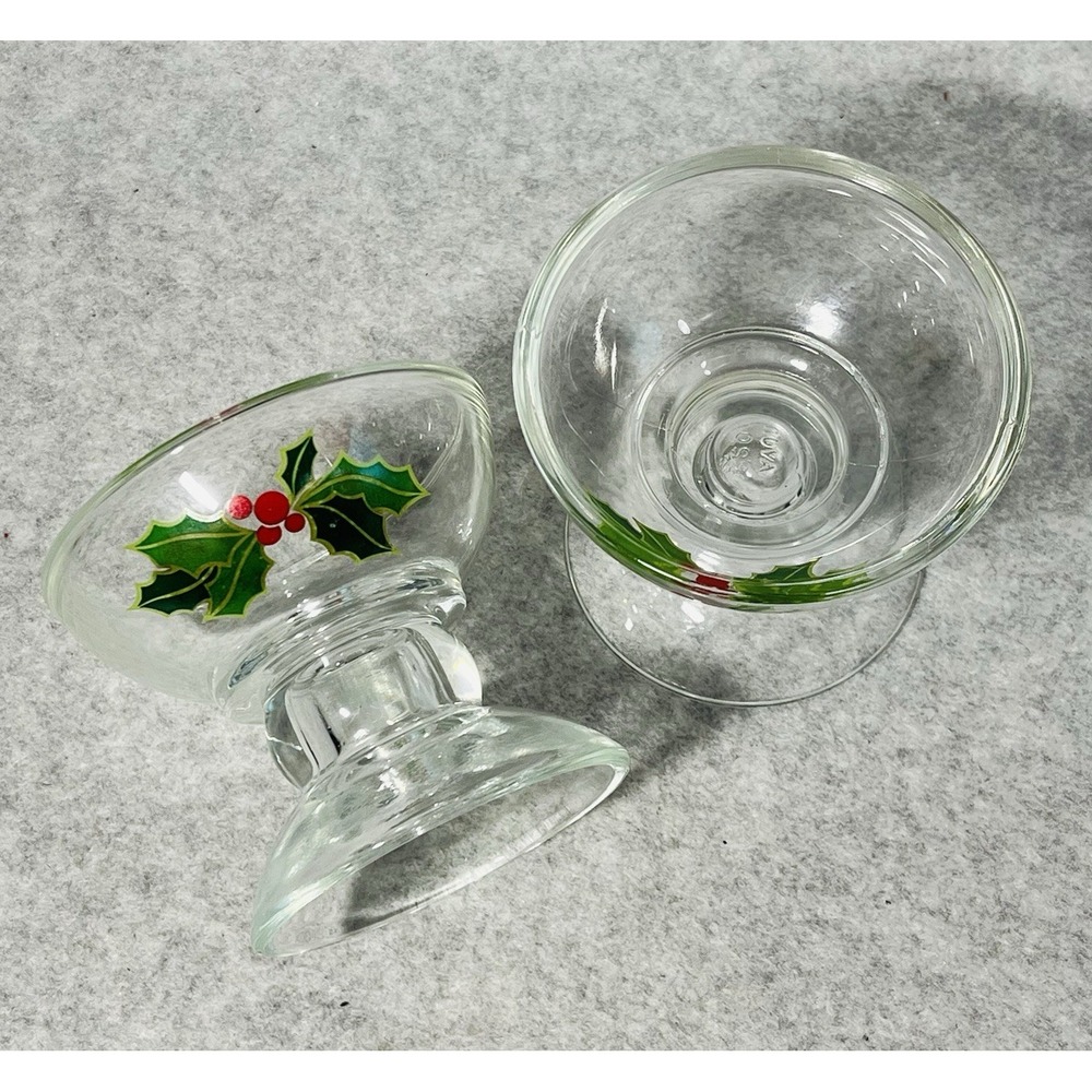 Vintage Avon Christmas 1981 Holly Berry Glass Candle Holder Set of 2 Tealight